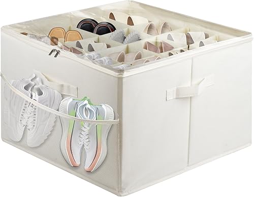 Contenedores de tela para zapatos con bolsillo lateral de malla, caja organizadora de zapatos plegable con divisores ajustables, funda transparente,
