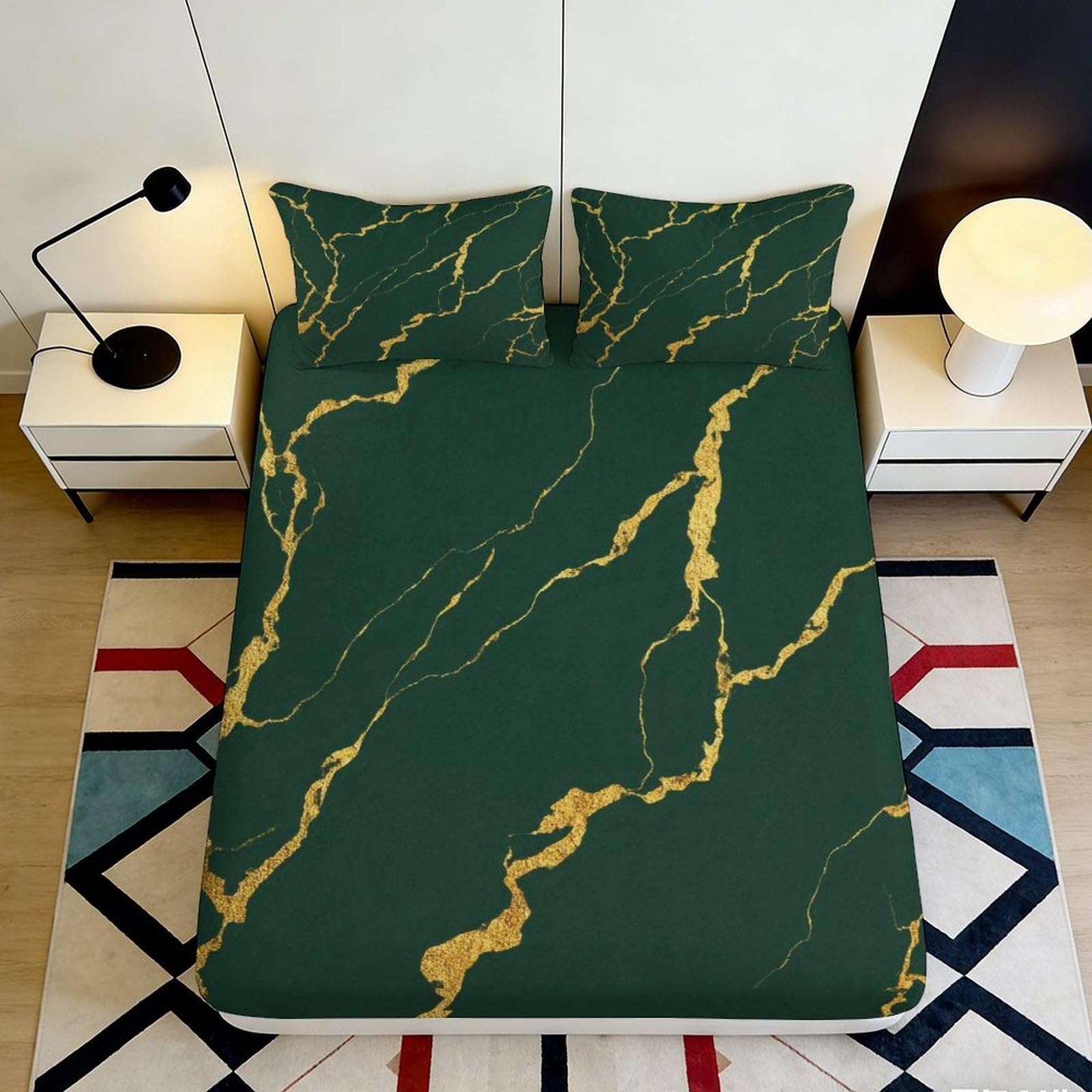 3D Printed Emerald Marble Fitted Sheet Microfiber Soft Breathable Golden Veins Mattress Cover for Bedroom Dorm Decor 90x200x25cm
