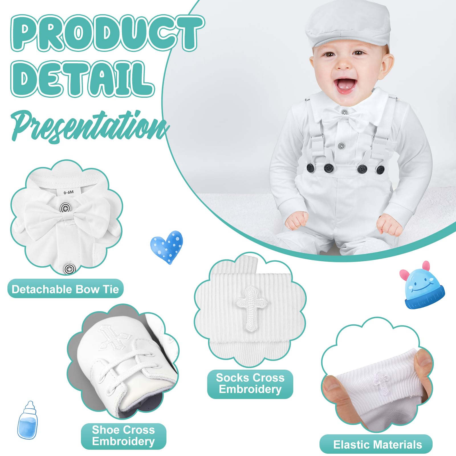 5 piezas de trajes de bautizo para bebé niño, incluye camisa, boina, sombrero, tirantes, pantalones, zapatos, calcetines, trajes de bautizo para niños