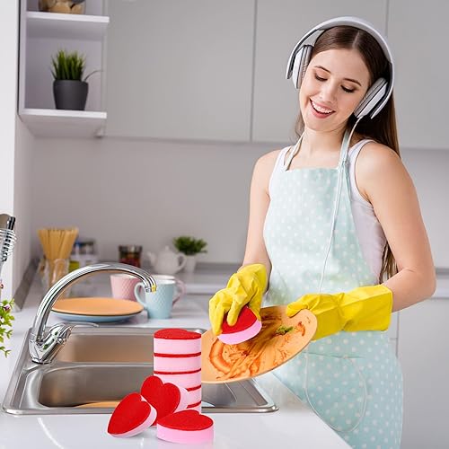 Miniatura 6 de AnyDesign Paquete de 6 esponjas de cocina en forma de corazón y fregador, esponjas de lavado de platos rojo y rosa, esponjas de limpieza para el