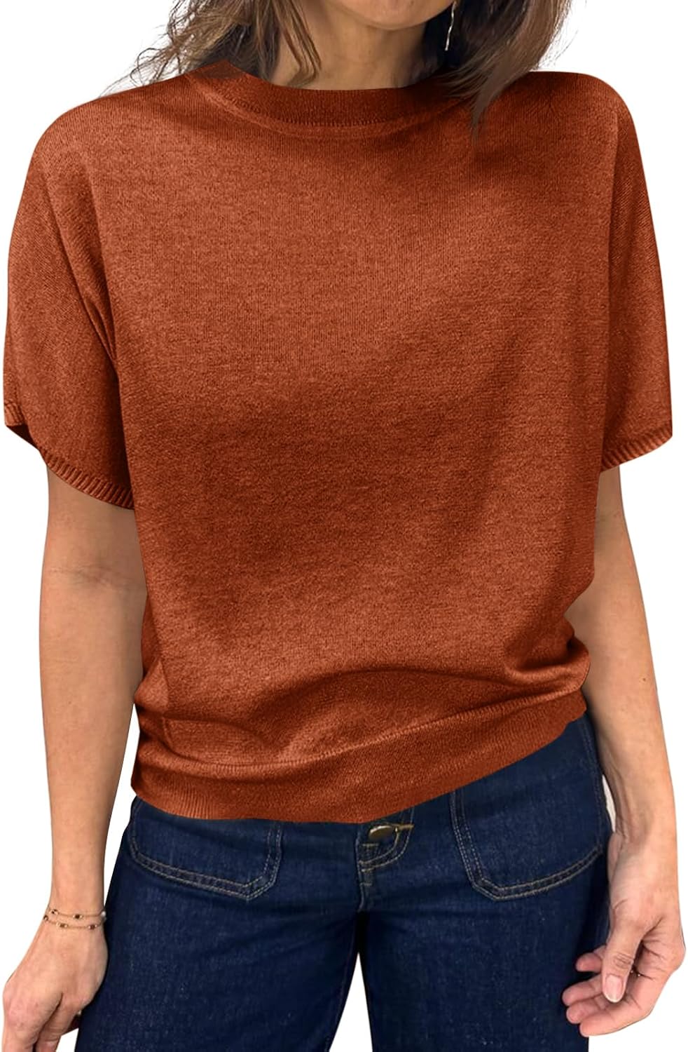 Saodimallsu Women's Short Sleeve Crew Neck Knit Pullover Sweater