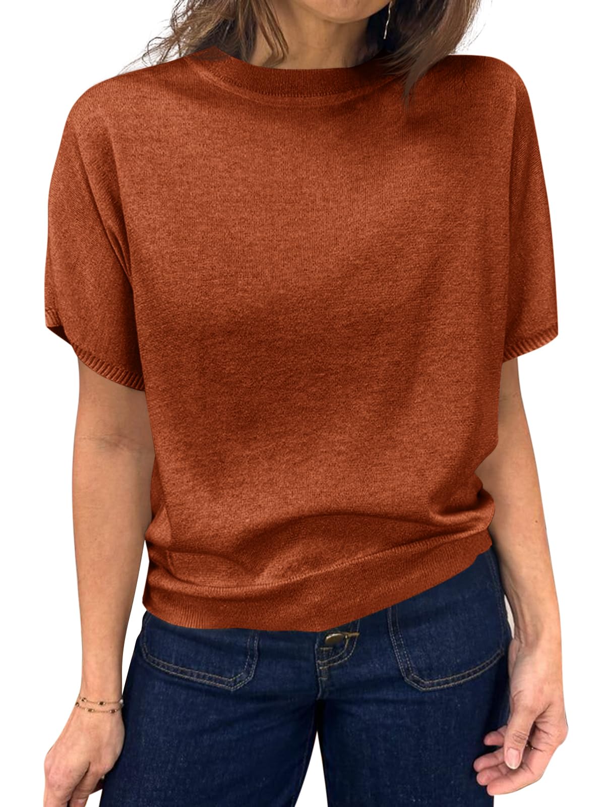 Saodimallsu Women's Short Sleeve Crew Neck Knit Pullover Sweater