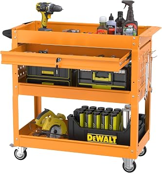 3 Tier Rolling Utility Cart with Drawers, Heavy Duty Tool Carts on Wheels, Large Storage Metal Service Cart, Ideal for Garage, Warehouse and Repair Shop- Orange