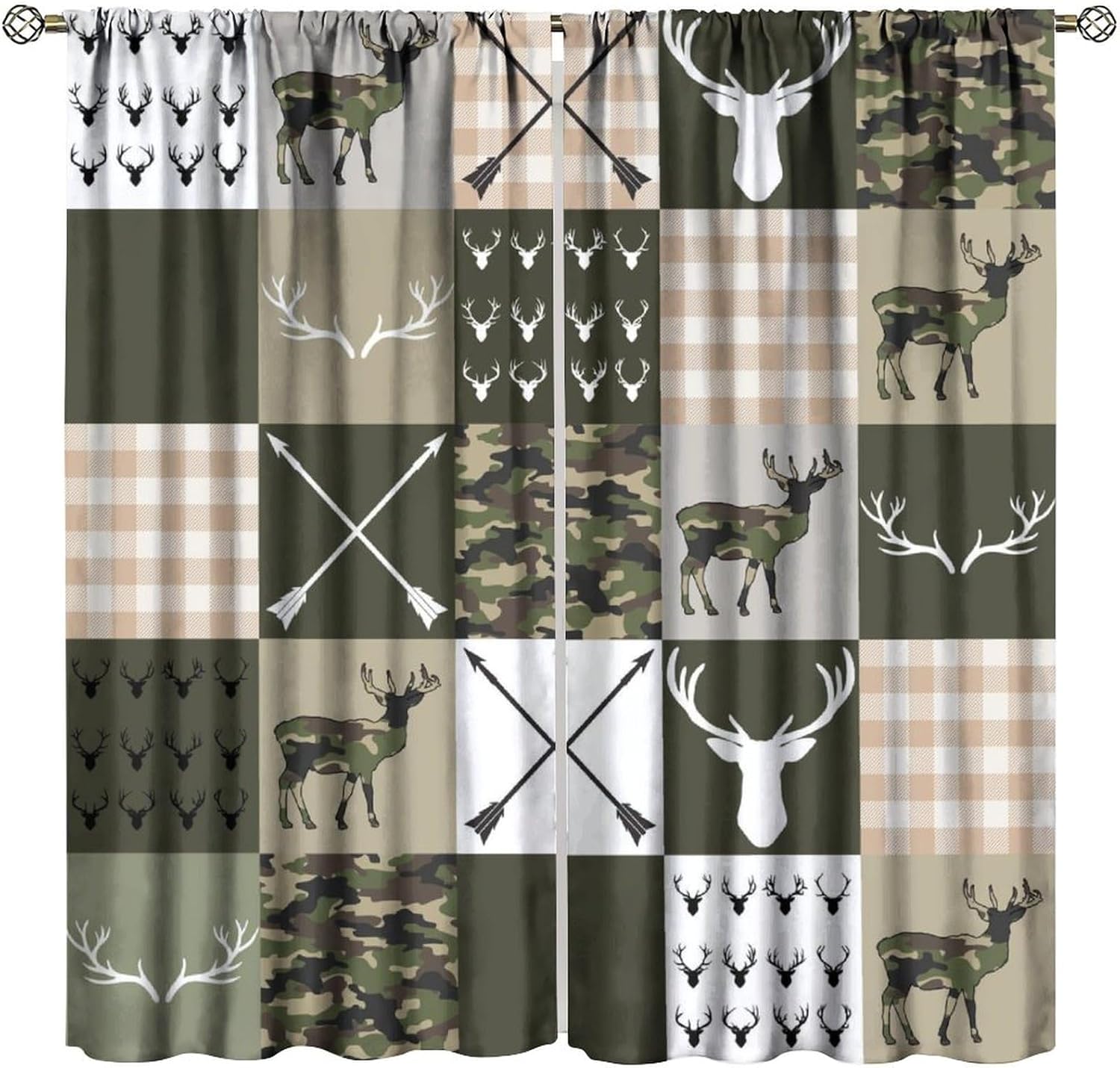 Antler Camo Silhouette Kids Curtains,Green Rustic Girls Boys Adults Geometric Plaid Patchwork Arrows Boho Window Treatments for Living Room Bedroom 42" W X 54" L
