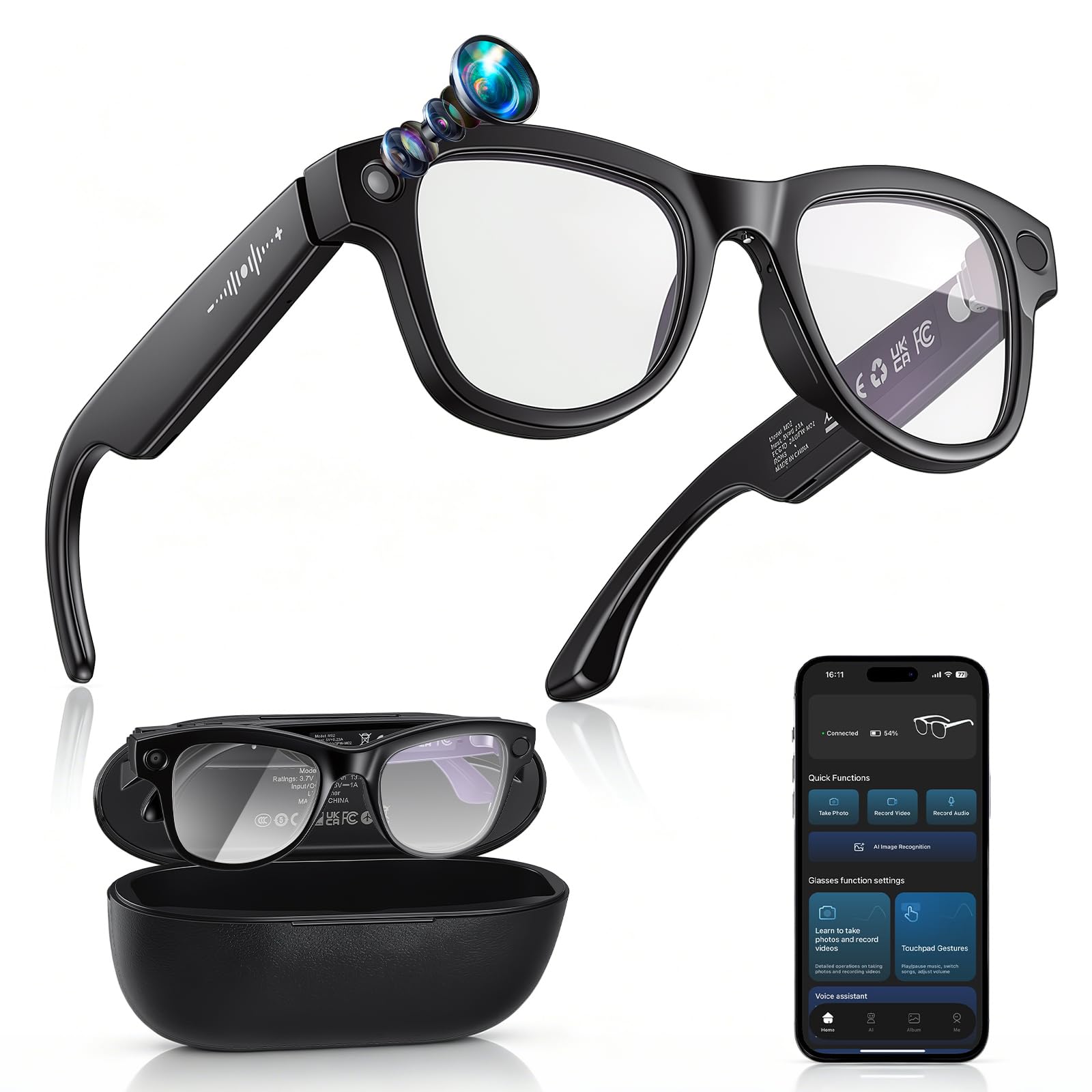 AI Smart Glasses, gafas con cámara 1200P HD con sonido abierto y batería de 24 horas, gafas AI con control por voz y diseño antiescaldaduras para tomar fotos, videoconferencias, disfrutar de la música