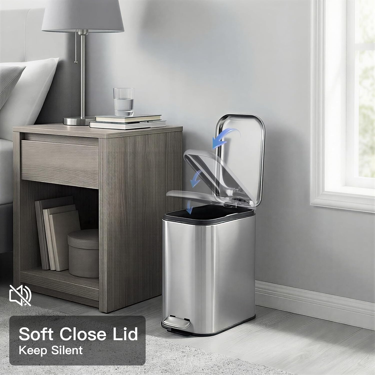 GarveeHome 1.3 Gal Slim Trash Can, Step Garbage Can with Soft-Close Lid, Stainless Steel Recycling Bin Waste Container with Removable Inner Bucket for Kitchen, Bathroom, Office, Silver
