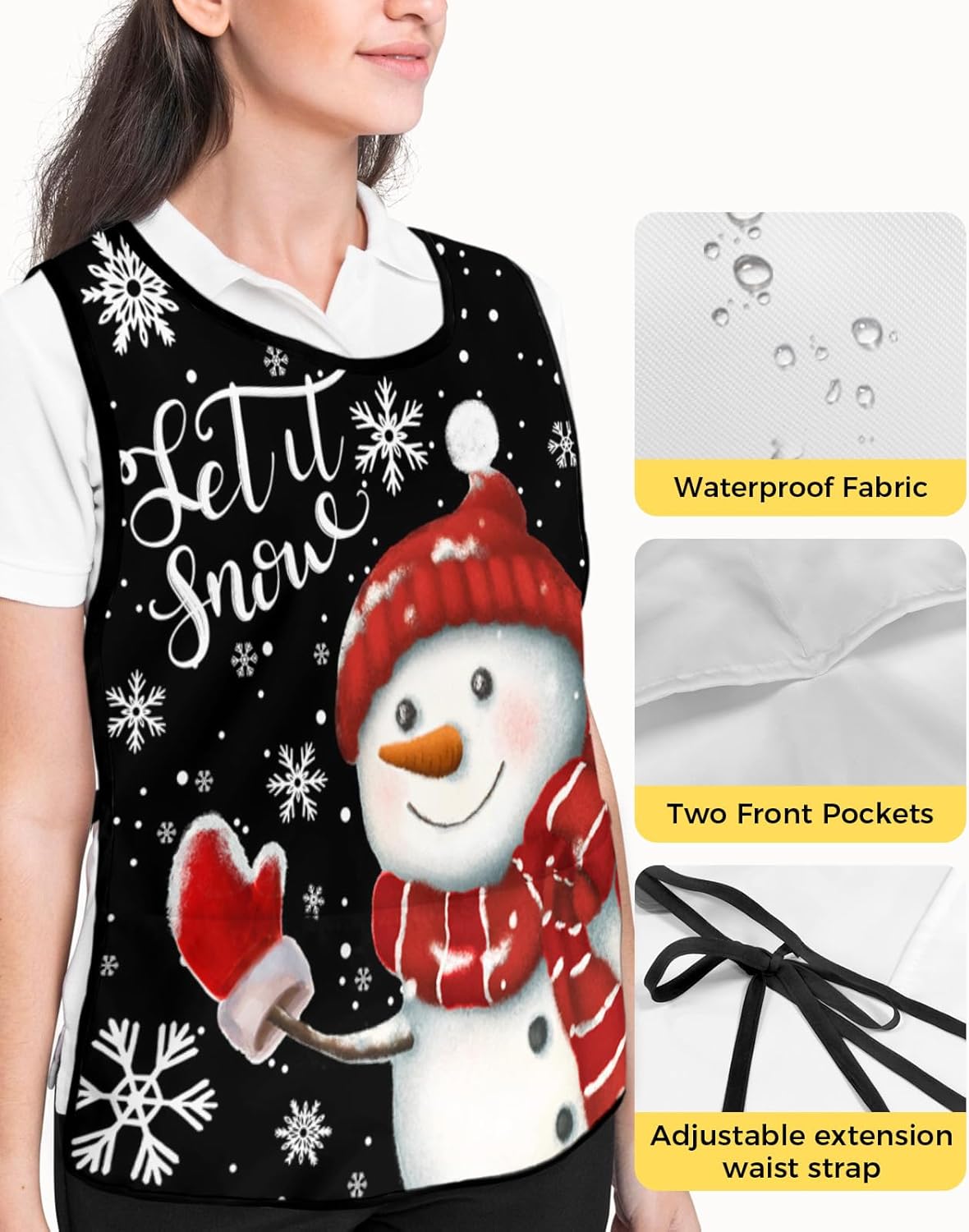 Snowman Cobbler Aprons with 2 Pockets Bib Merry Christmas Black Red Winter Snowflake