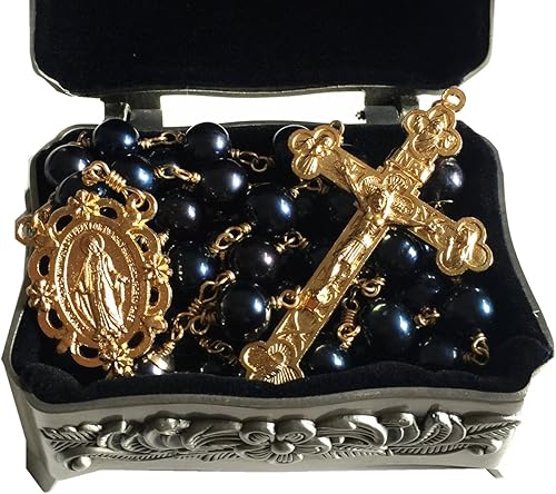 Miniatura 2 de elegantmedical Negro AAA+0.394 in Perlas Reales Cuentas Oro ROSARIO CRUZ Collar y caja REGALOS Católicos, Cobre Perla