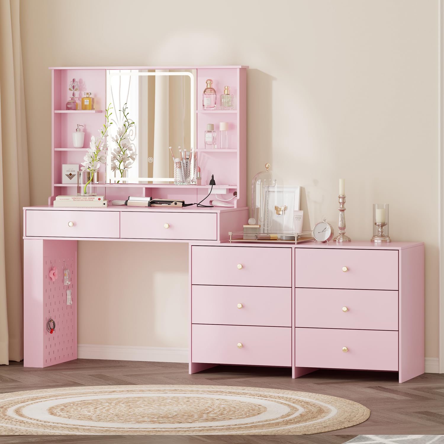 Photo 1 of *** DAMAGED BOX ASSEMBLY PIECES COULD BE MISSING ***Ieejdn Makeup Vanity Desk with Mirror and Lights, Vanity Desk with 8 Drawers & Storage Shelves, Vanity Table with Power Outlet, 3 Color Modes & Adjustable Brightness Dressing Table, Bedroom,Pink