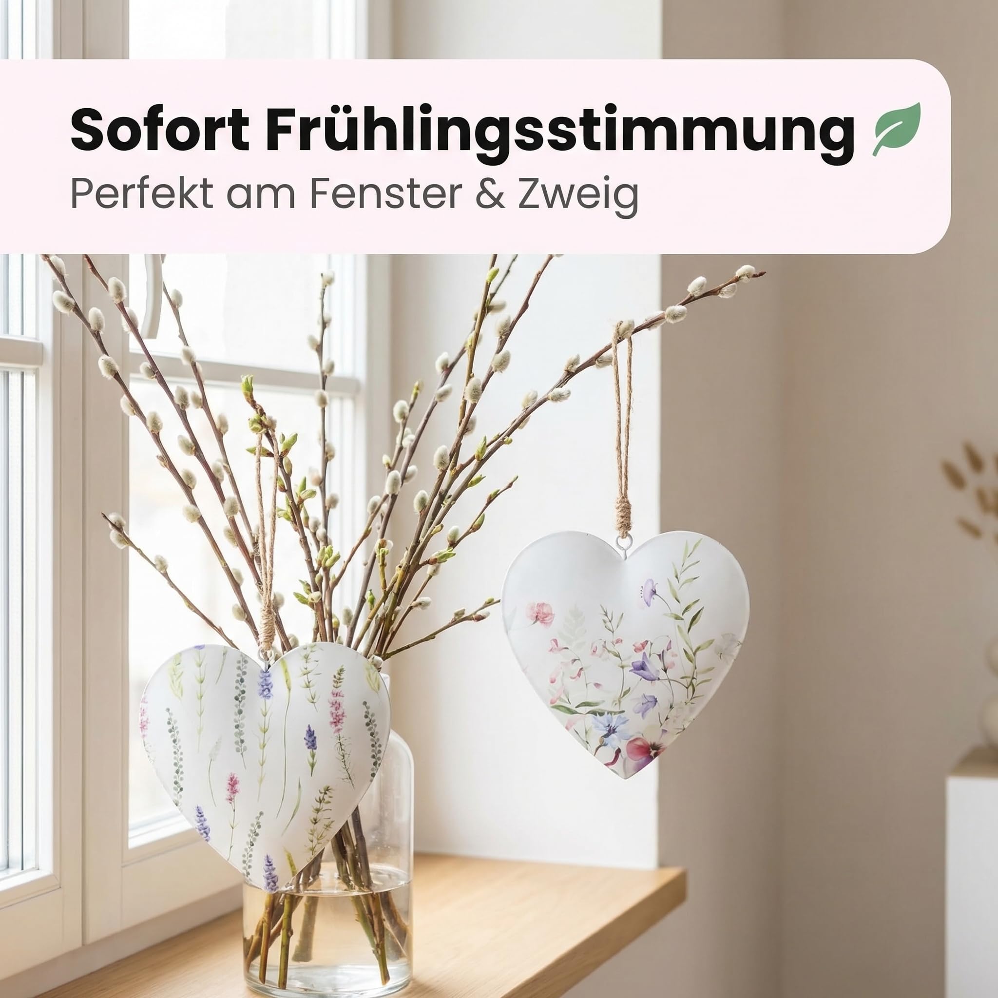 Metallherz Hängedeko, 2er-Set Herzen aus Metall mit floralen Pastellmotiven, Weiß/Rosa/Lila/Grün, ca. 11 x 11,5 cm, inklusive Jutekordel, romantische Frühlingsdeko für Fenster, Zweige & Türgriffe