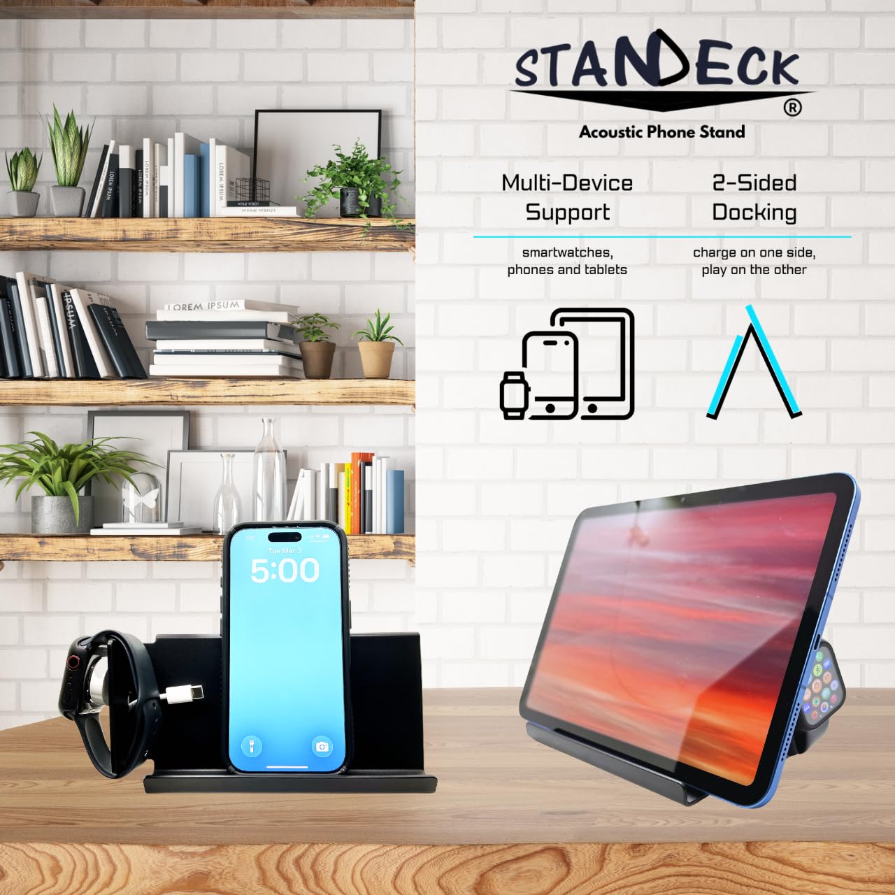 Mobile Tech - Soporte giratorio para teléfono con sonido y soporte para reloj, para ver tu teléfono y tableta y conectar tus dispositivos móviles (soporte de plástico negro)