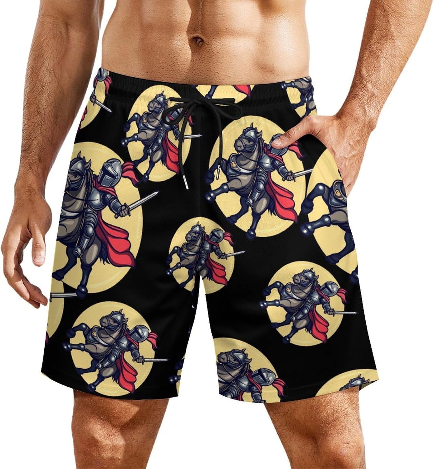 Knights-Horse Sword Helmet Mens Swim Trunks Summer Beach Shorts Board Shorts Swimwear Bathing Suits with Pockets