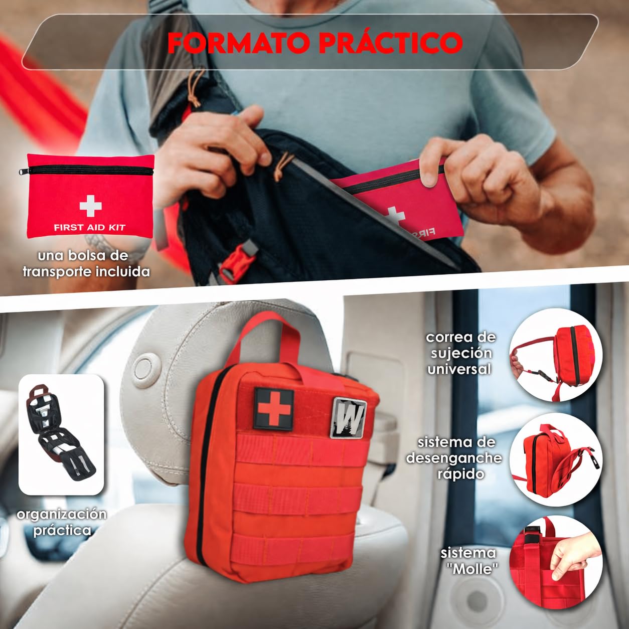 WONCROW ® Botiquin de Primeros Auxilios Completo - Accesorios de Camping Viaje Coche Moto - Kit Supervivencia con Tiritas Gasas Estériles Tijeras Enfermeria Sutura y Herramientas Militar Viajes Camper