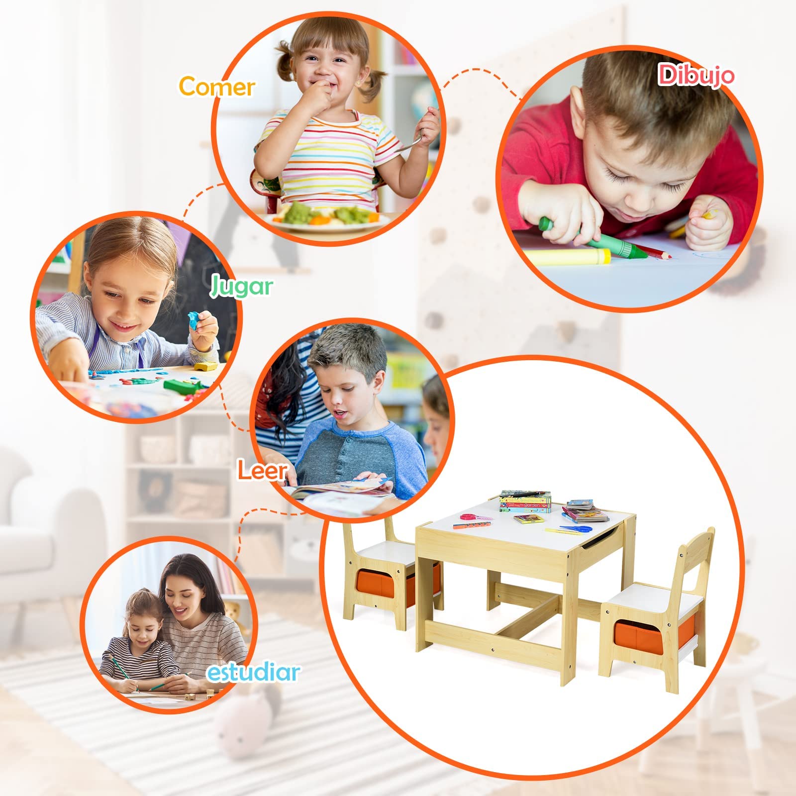 GOPLUS Juego de Mesa y 2 Sillas Infantil 3 en 1, Grupo de Asientos y Escritorio con Pizarra para Niños, Mueble Infantil con Cajon de Almacenamiento Que Ahorra Espacio, Madera, Naranja (Naranja)