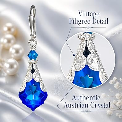 Antique Inspired Vintage Victorian Dangle Drop Earrings for Women - Colored Austrian Crystal Leverback Earrings - Jewelry Gift for Her