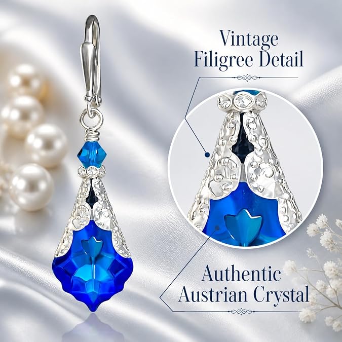 Antique Inspired Vintage Victorian Dangle Drop Earrings for Women - Colored Austrian Crystal Leverback Earrings - Jewelry Gift for Her