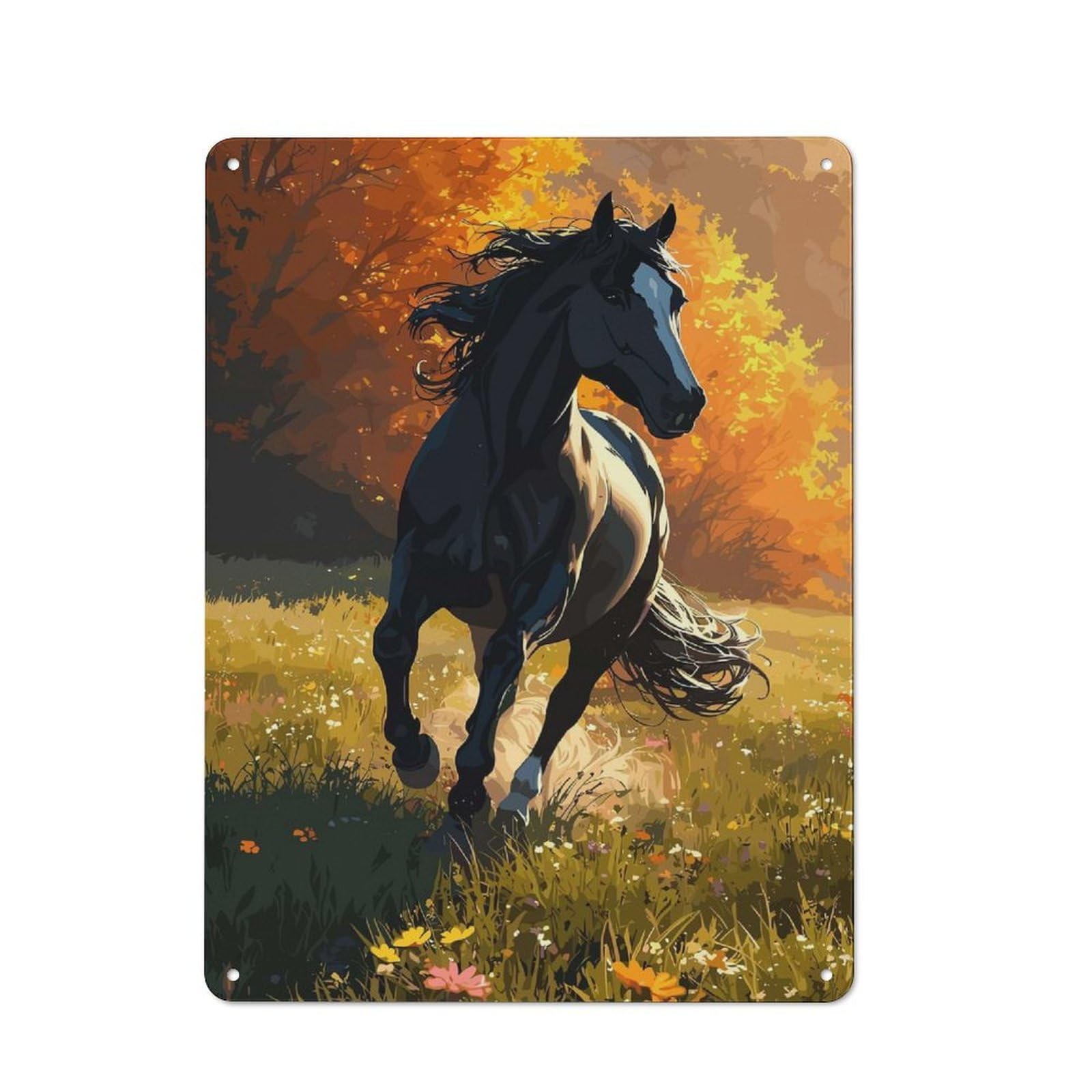 Junmoney Black Horse Galloping In Autumn Meadow Country Metal Wall Decor 40X30cm, Tin Wall Plaque For Cottage, Kitchen, Hallway Or Breakfast Nook