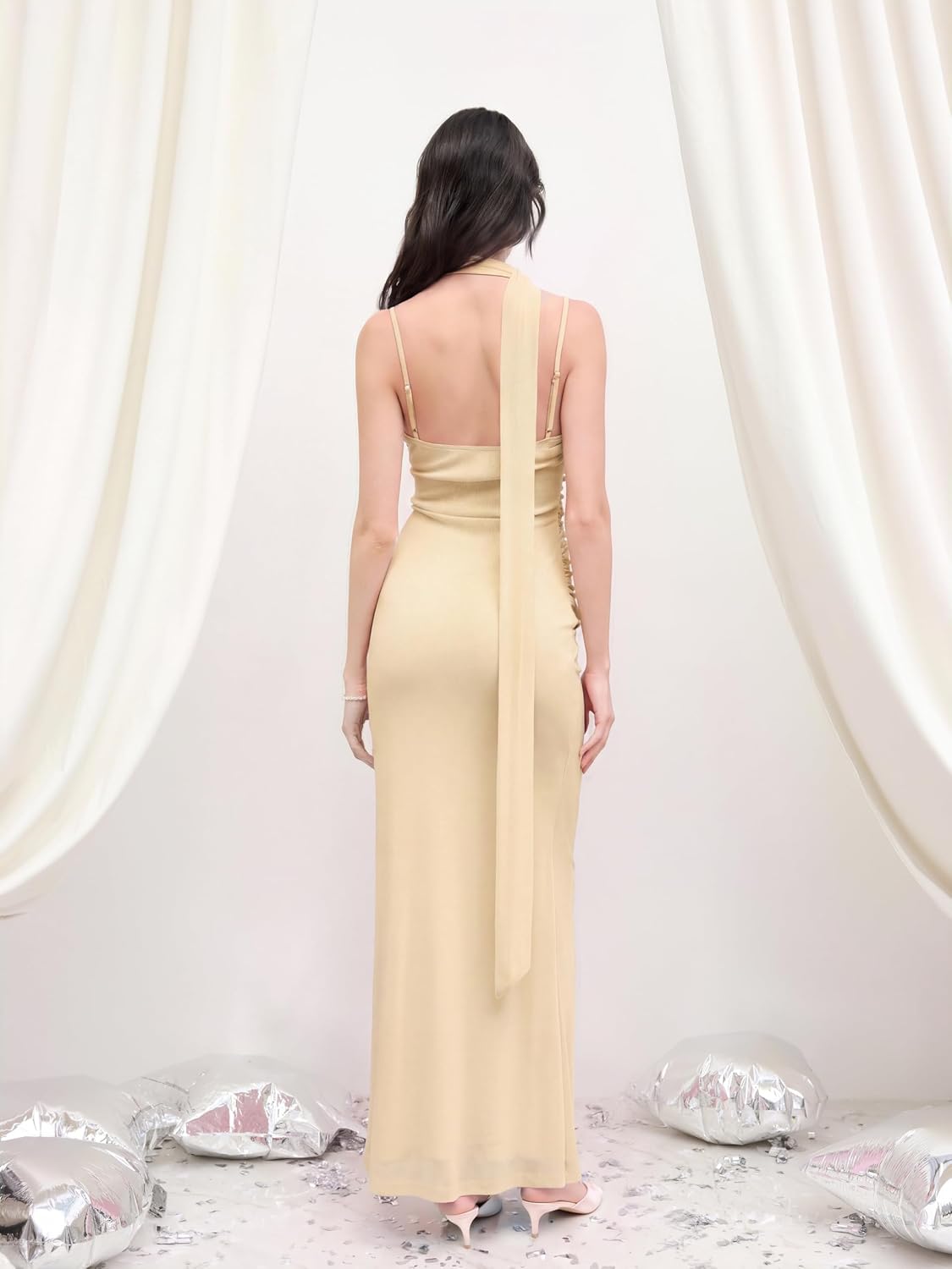 Women Summer Halter Neck Maxi Dress Ruched Bodycon Elegant Formal Wedding Guest Cocktail Party Long Dresses with Scarf