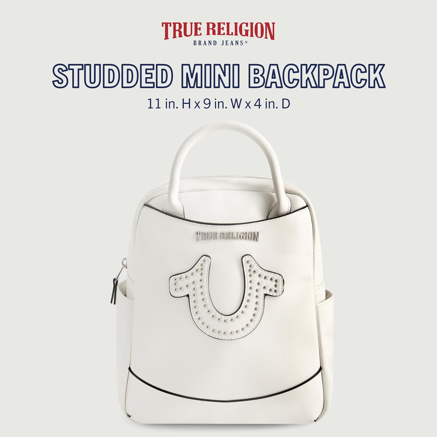 True Religion Mini Backpack, Studded Horseshoe Logo Small Travel Bag Purse for Women, Adjustable Shoulder Straps, White