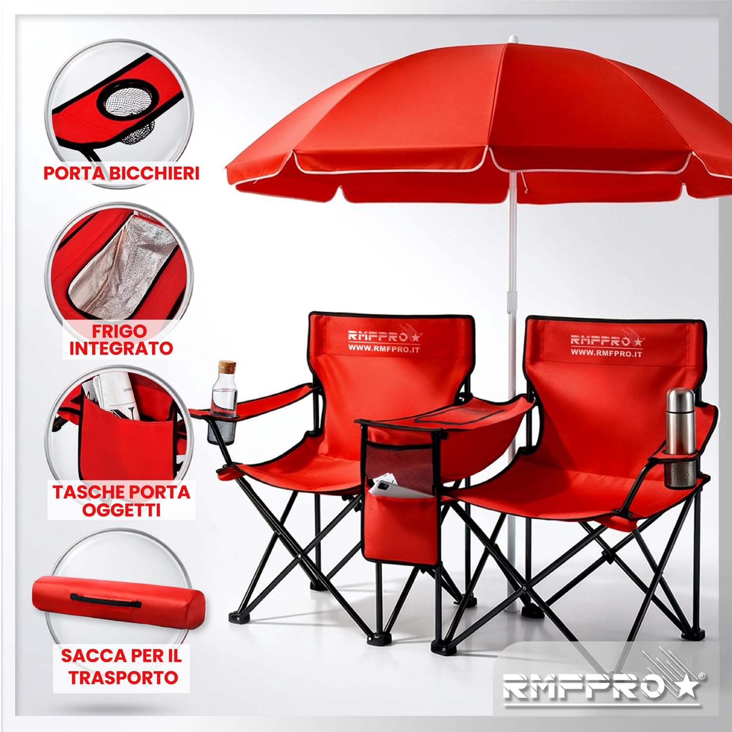 Set con Ombrellone e 2 Sedie da Esterno ideale per Mare o Campeggio, con Borsa Termica Centrale e Portabevende - Ideale anche per Pesca, Struttura in Acciaio con Custodia per Trasporto (Rosso)