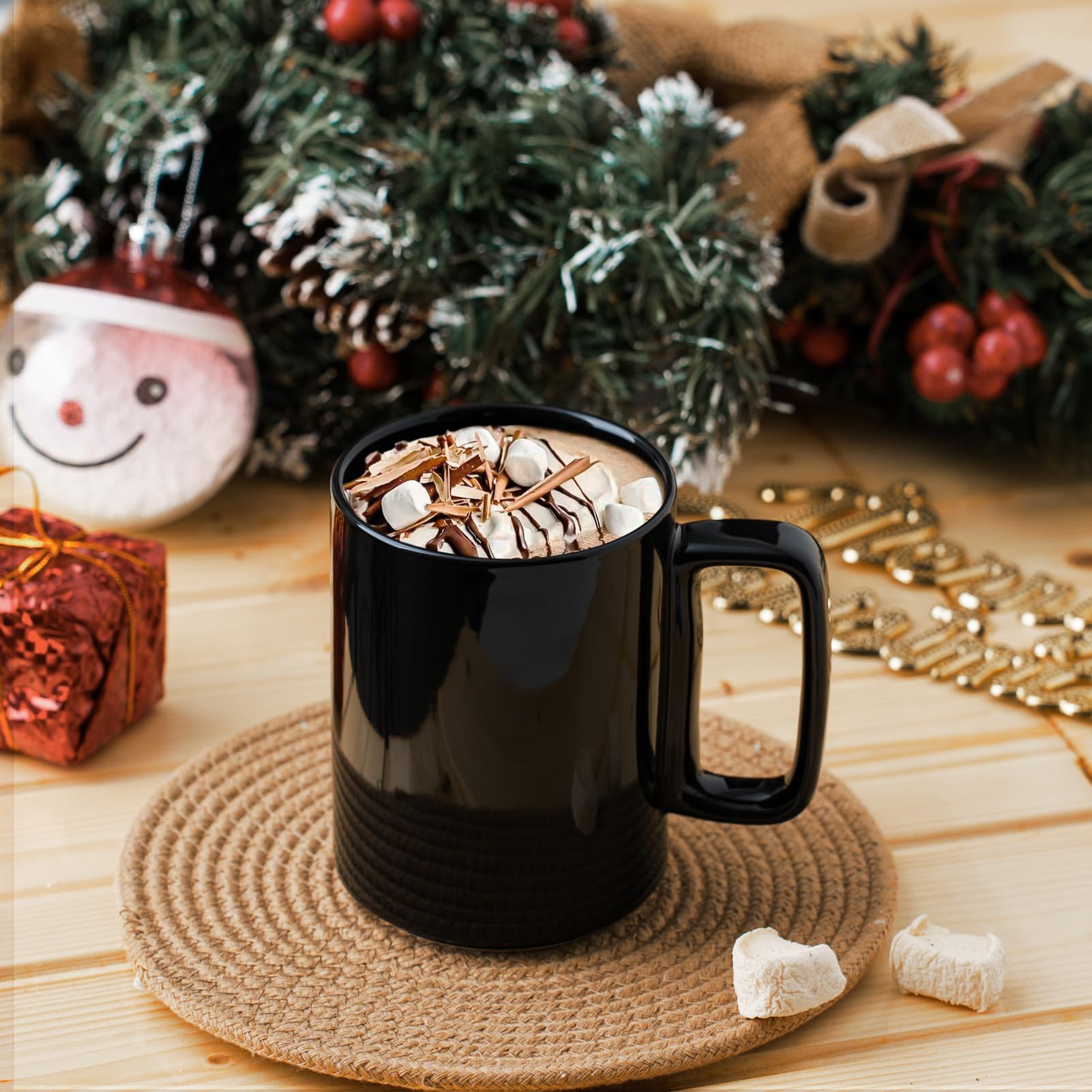 E-liu Juego de 6 tazas de té de porcelana, tazas grandes de 15 onzas para café, té, cacao y bebidas calientes, color negro