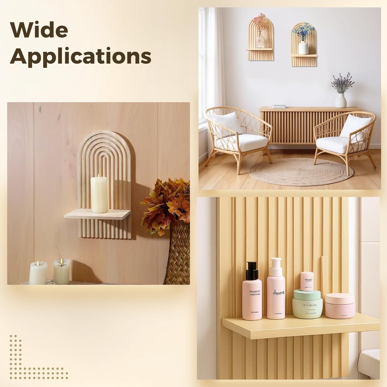 Wood Wall Sconce Candle Holders, 2 Pcs, Boho Arch Shelves with Vertical Grooves, Farmhouse Wall Decor for Living Room, Bedroom, Wall Mounts