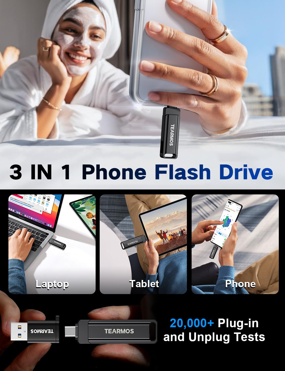 Chiavetta fotografica da 256 GB per iPhone, chiavetta di memoria per archiviazione di foto e video, compatibile con iPhone, iPad, Android, PC, Plug & Play, nessuna app richiesta (grigio)