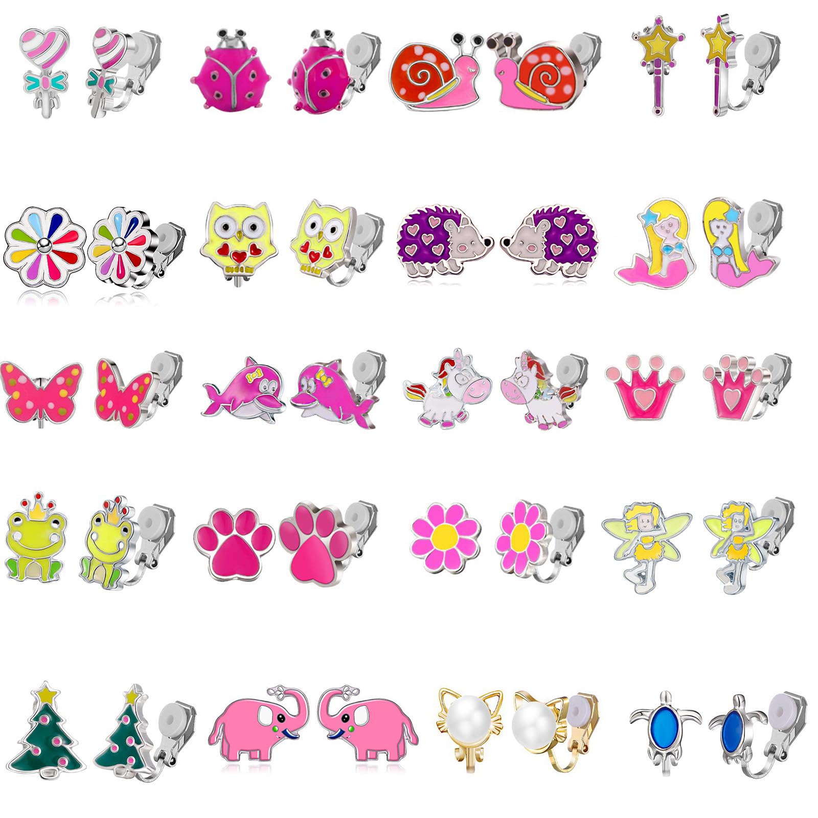 20 Pairs Kids Clip-on Earrings - Cute Animal Designs, Non-Pierced for Girls