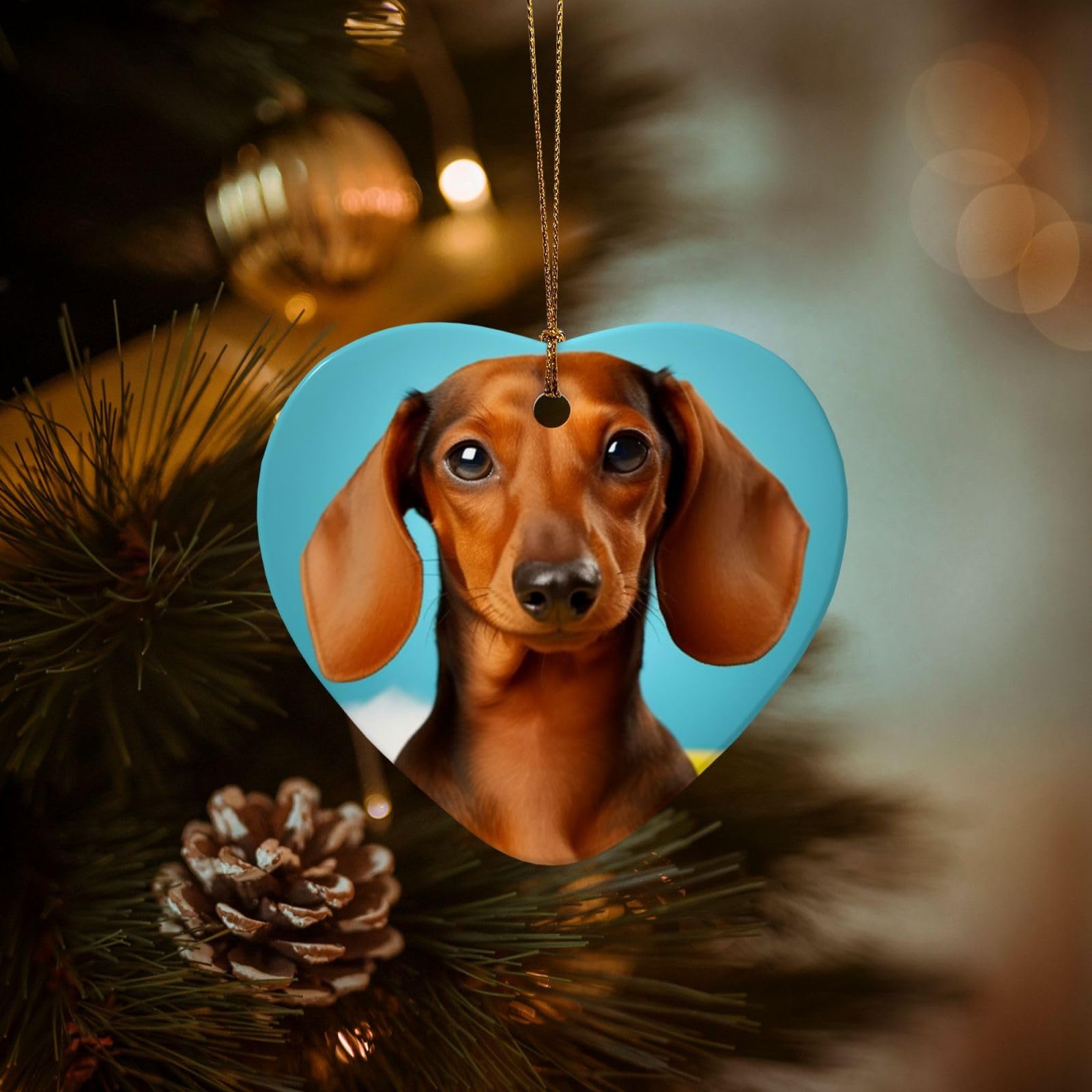 Christmas Ornaments for Christmas Tree Decoration Hanging Dachshund Dog Ornament with Gold Ribbon Crafts Heart Shape Ceramic Pendant for Keepsake Gifts Xmas Decor Party Supplies
