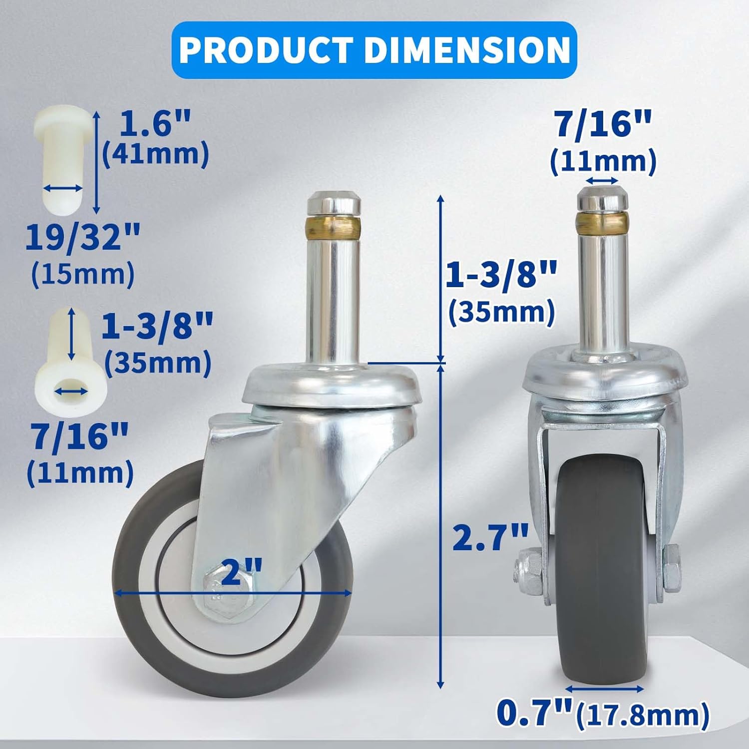 MySit Stem Caster Wheels with 7/16-Inch Stem Diameter, 2-Inch Swivel TPR Wheel for Mop Buckets, Utility Carts and Shop Vacs - Set of 4