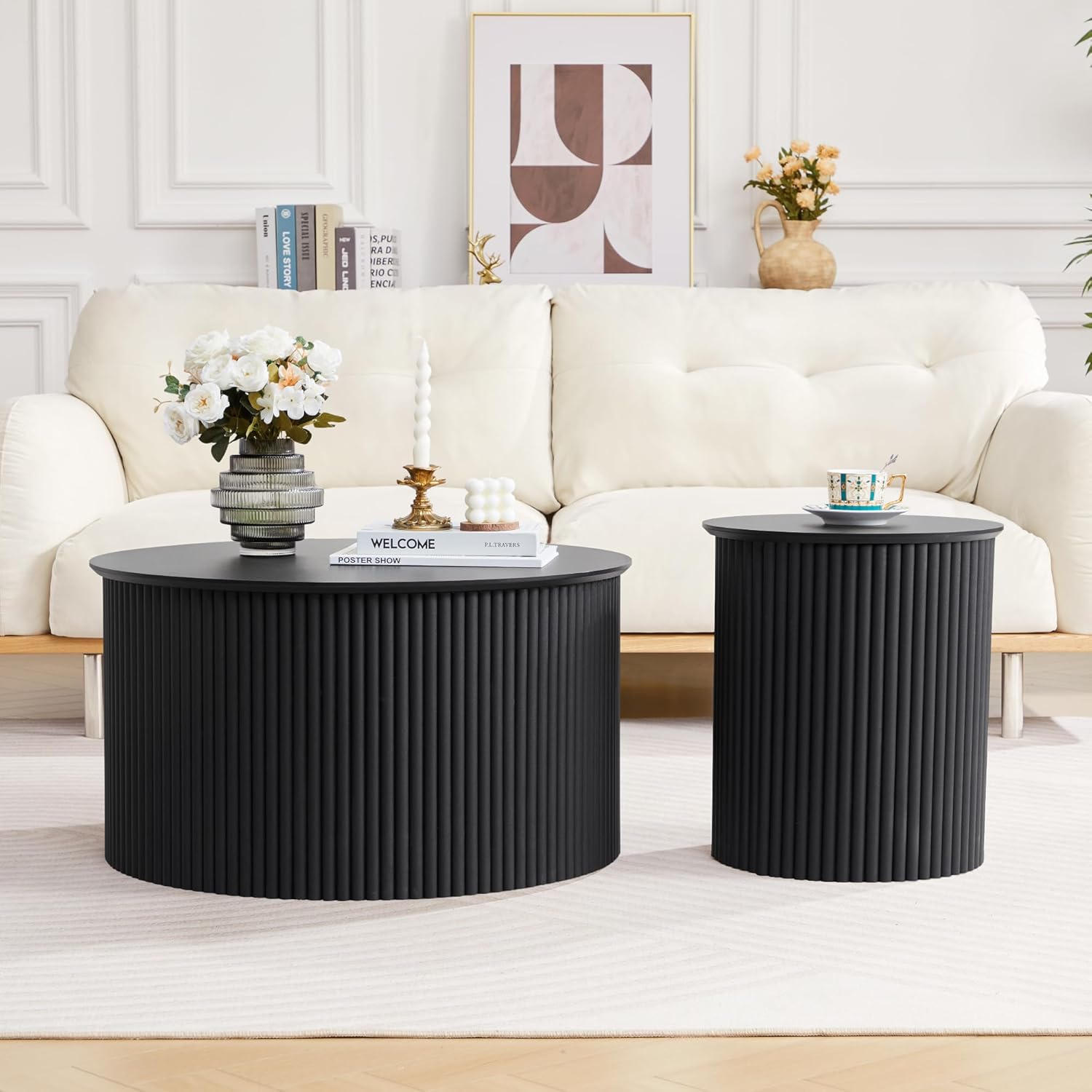 Fluted Round Nesting Coffee Table Set of 2, Mid Century Modern Wood Coffee Table and End Table Set, Minimalist Center Tables Circle Side Table for Living Room, Office(Black