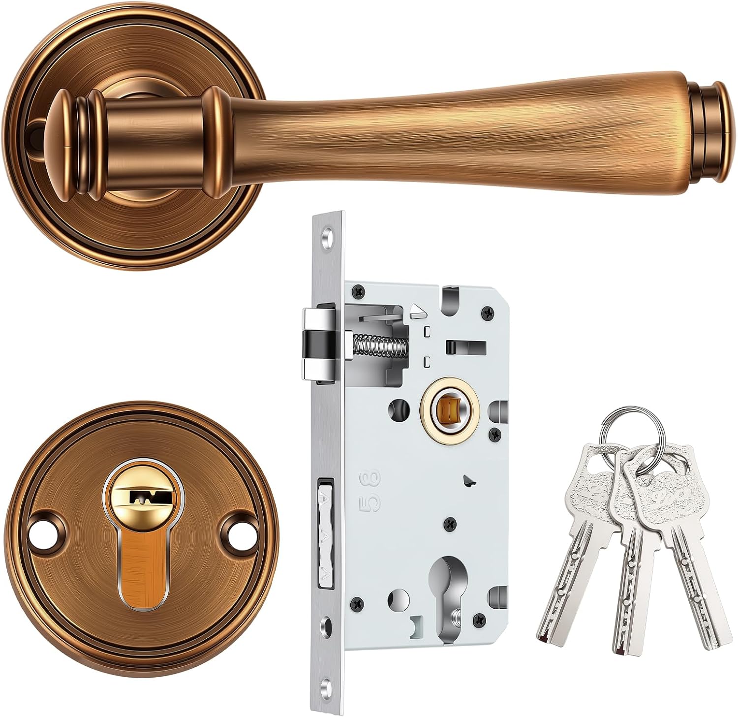 Antique Brass Silent Privacy Vintage Door Knob Kits Entry Door Handles with Lock and Keys Aluminium/zinc Alloy Quiet Interior Lever for Bathroom Bedroom Study Interior(Classic Style)
