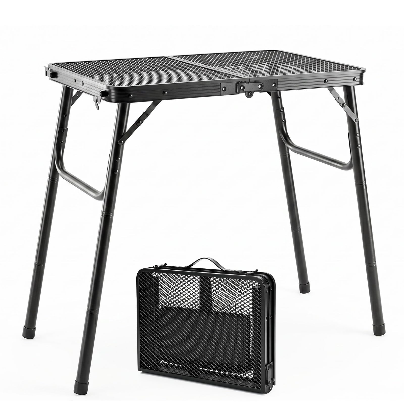 BBQ Side Table, 60 x 40 cm Metal Folding Camping Table, Lightweight Outdoor Table with Mesh Top, Adjustable Height 26/47/65 cm, Portable Garden Table for Barbecue, Picnic, Fishing, Camping Cooking