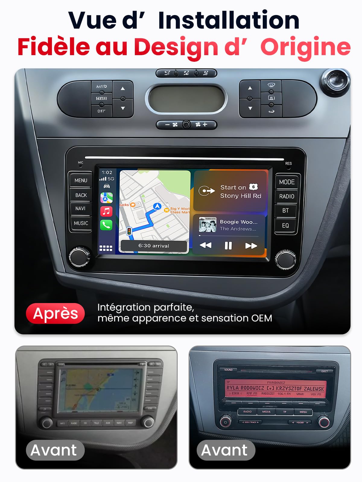 Autoradio Double DIN avec Écran pour Seat Leon (2005–2012), CarPlay et Android Auto sans Fil, Écran Tactile 7", 4 Go+64 Go, Bluetooth WiFi 5GHz Dab+ FM AUX GPS