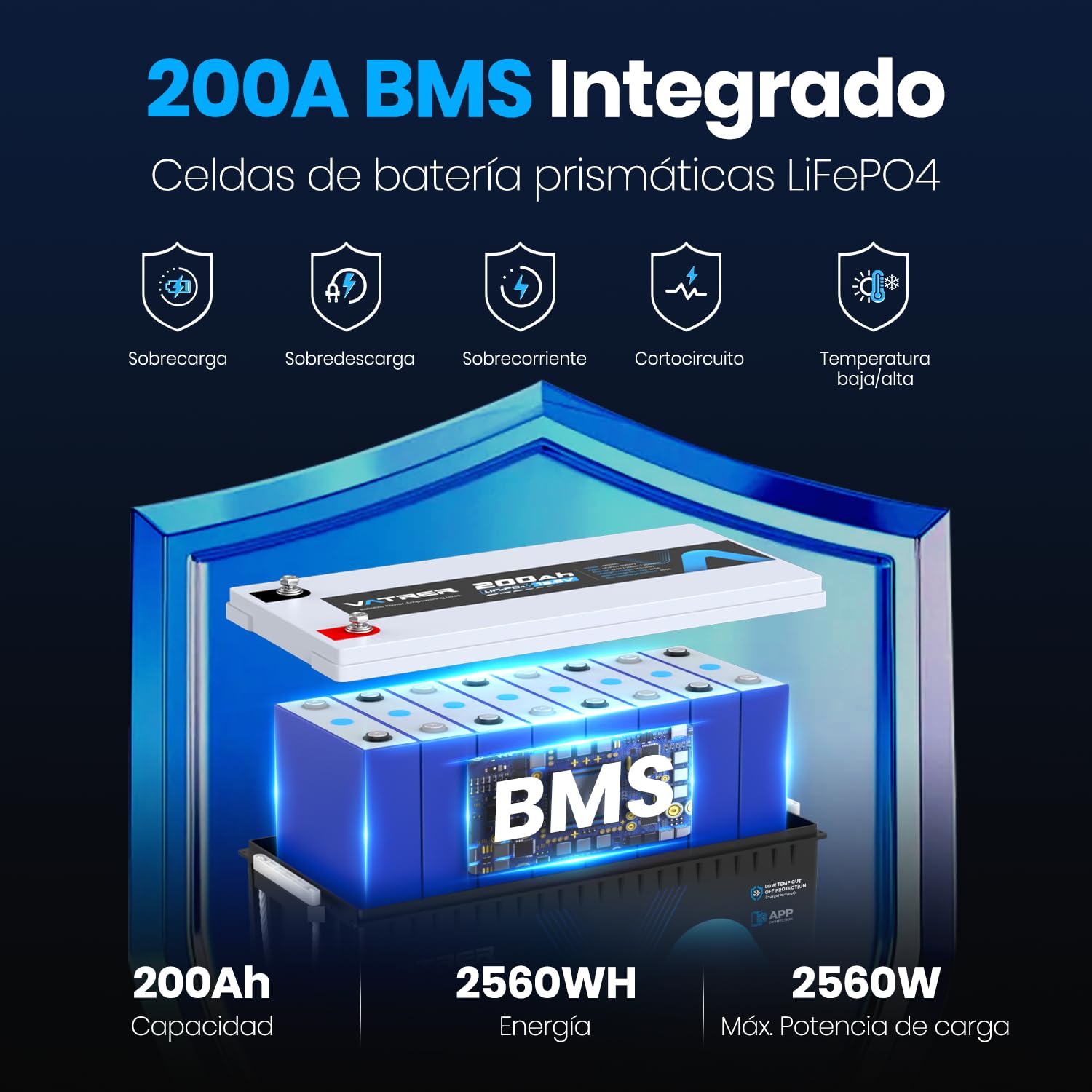 VATRER POWER Batería LiFePO4 12V 200Ah con Bluetooth y BMS 200A | Bluetooth, 2560W, más de 5000 ciclos, batería de ciclo profundo ideal para autocaravanas, barcos y sistemas solares