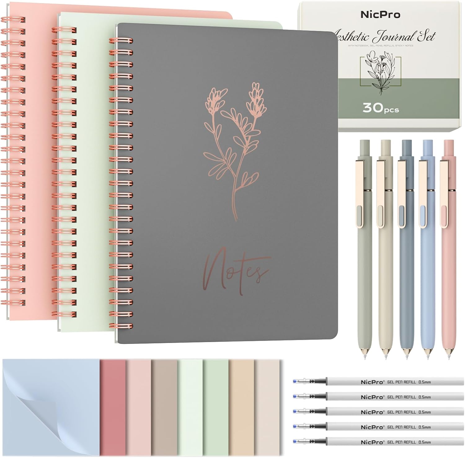 Nicpro Cute Spiral Notebook Stationary Set For Women, Bible Journal Set, 3PCS A5 Spiral Notebook, 5 Gel Pens, 5 Refills, 800 Sticky Notes, Gift Box, Aesthetic Gift Set for Study Office School Supplies