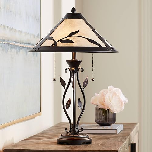 Franklin Iron Works Feuille - Lámpara de mesa rústica de estilo vintage de 23.75 pulgadas de alto, color marrón oscuro, detalles de hojas caladas,