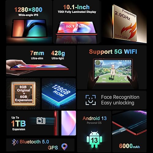 Miniatura 2 de YESTEL Tablet Android 13 de 10.1 pulgadas con procesador Octa-Core, 12 GB de RAM+128 GB de ROM (ampliar a 1 TB), pantalla IPS HD, WiFi, Bluetooth,