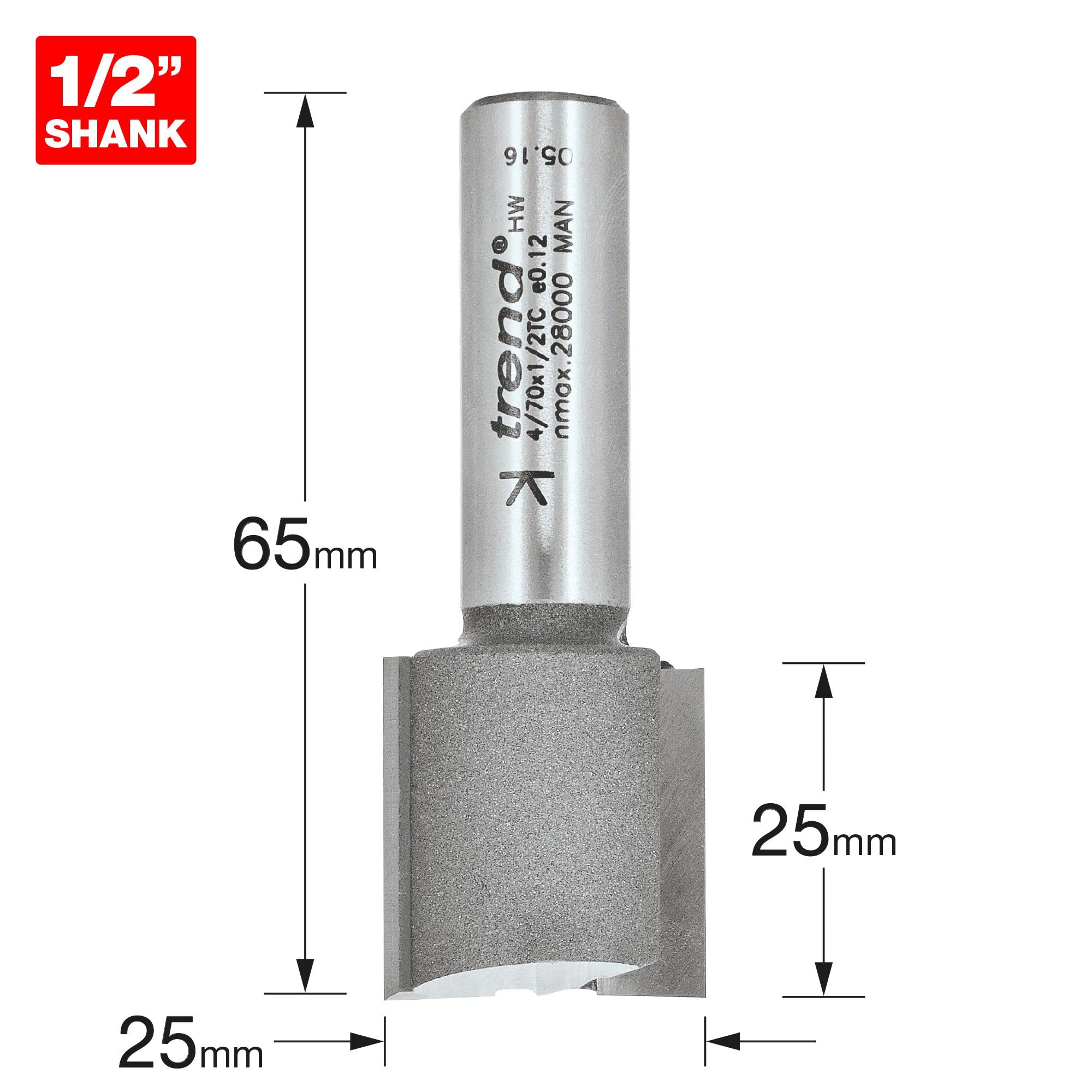 Trend Fresa Dritta 2 Taglienti, Gambo 1/2", TCT Ø25xL25 | Per fresare scanalature dritte nel legno: Ø25 mm e L25 mm, gambo 1/2", TCT, 2 taglienti.