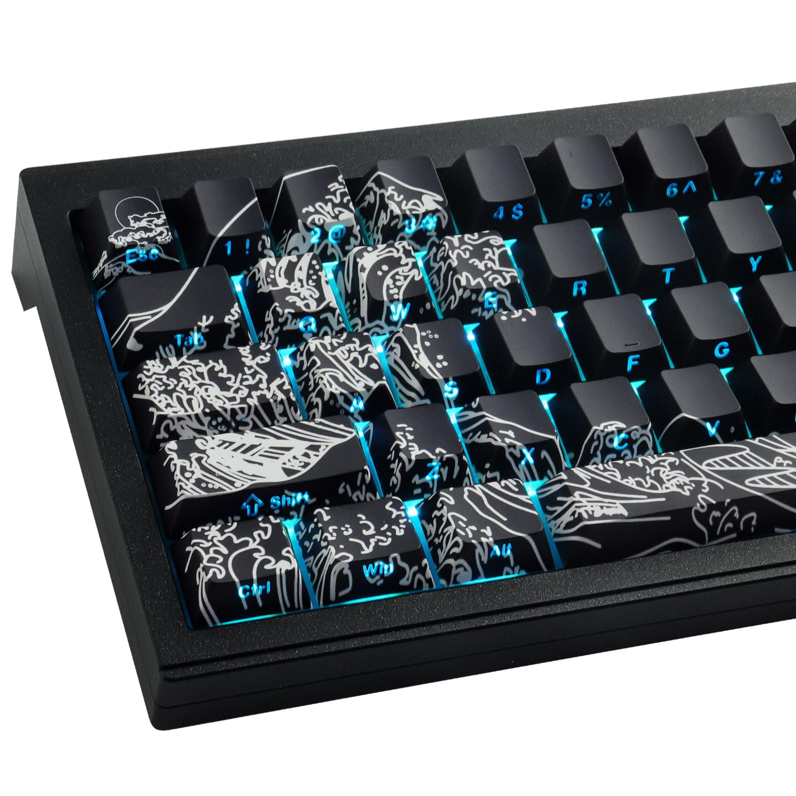 Sunzit PBT Keycaps 135 Tasten Custom Keycap Cherry Profile Dye-Sub Tastenkappen Set Schwarz Welle Von Kanagawa Shine Through Side Print Keycaps für ISO/ANSI UK Layout Mechanische Gaming Tastatur