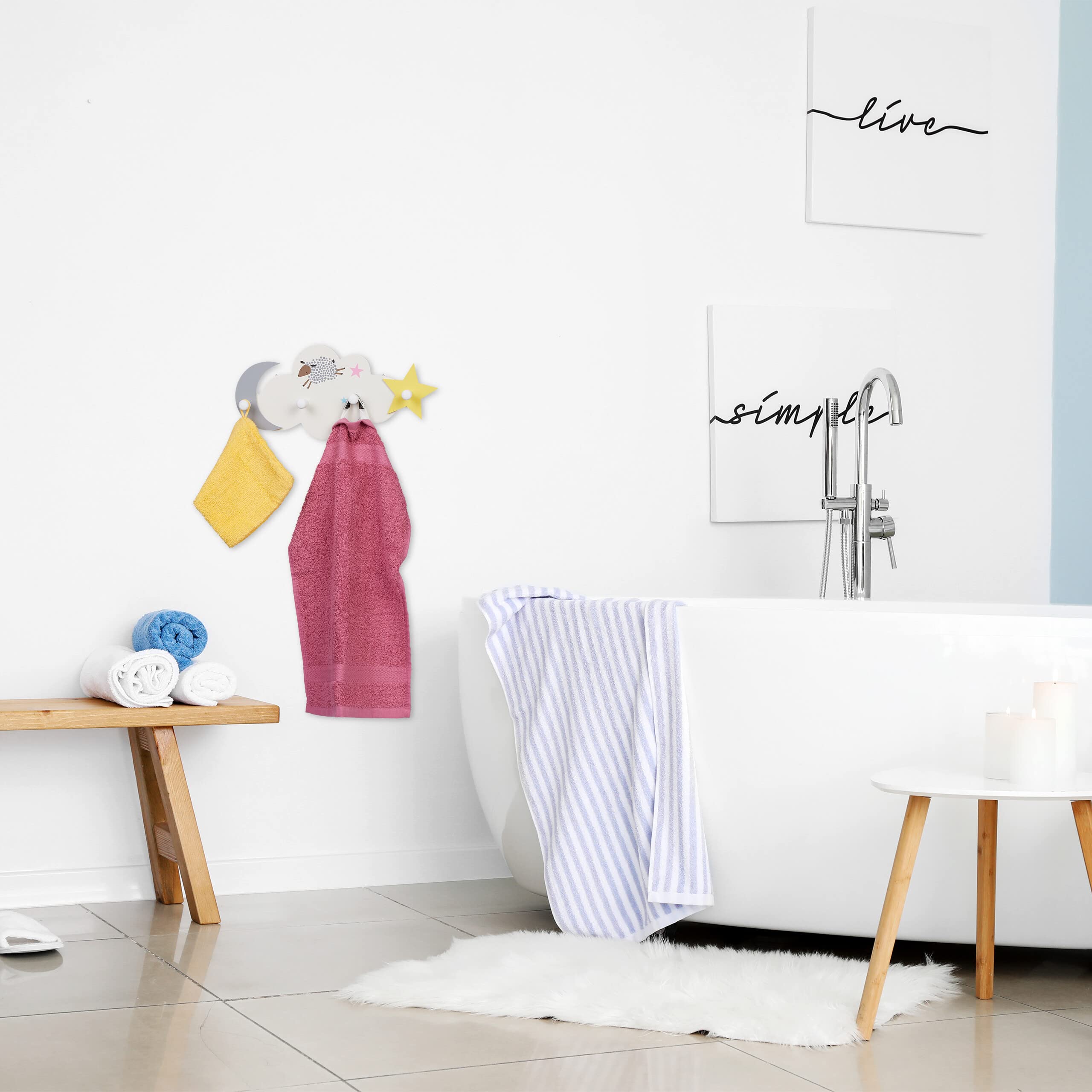 Relaxdays Perchero Infantil Nube, Colgador Pared, 16,5x34,5x5 cm, MDF, Ganchos Guardarropa Niños, Cielo Nocturno, Blanco