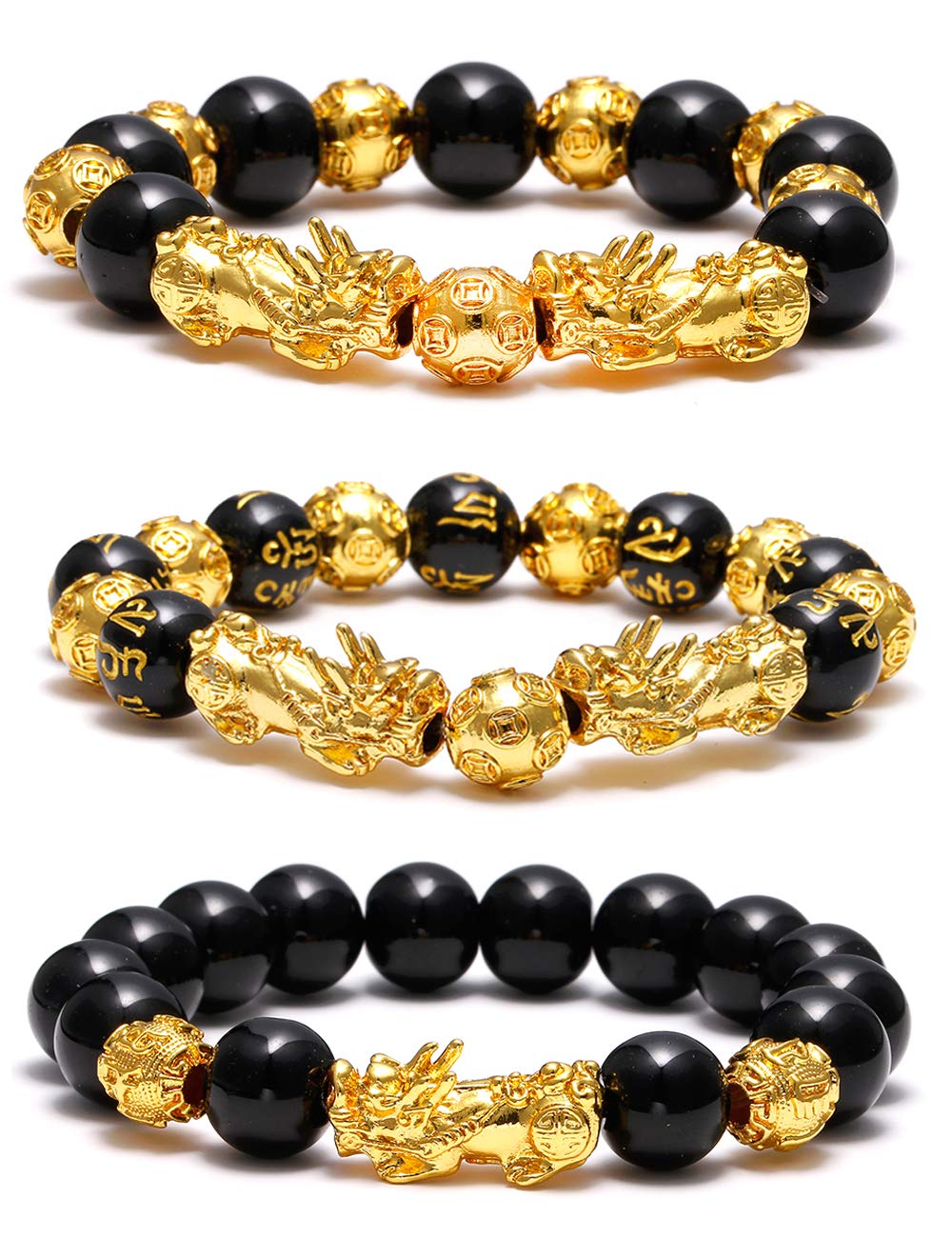 SOOWOOT3Pcs Feng Shui Black Obsidian Bracelets Set - Good Luck Amulet Dragon Lucky Charm Bracelets Pi Xiu Pi Yao Attract Lucky Wealthy Bracelets for Women Men