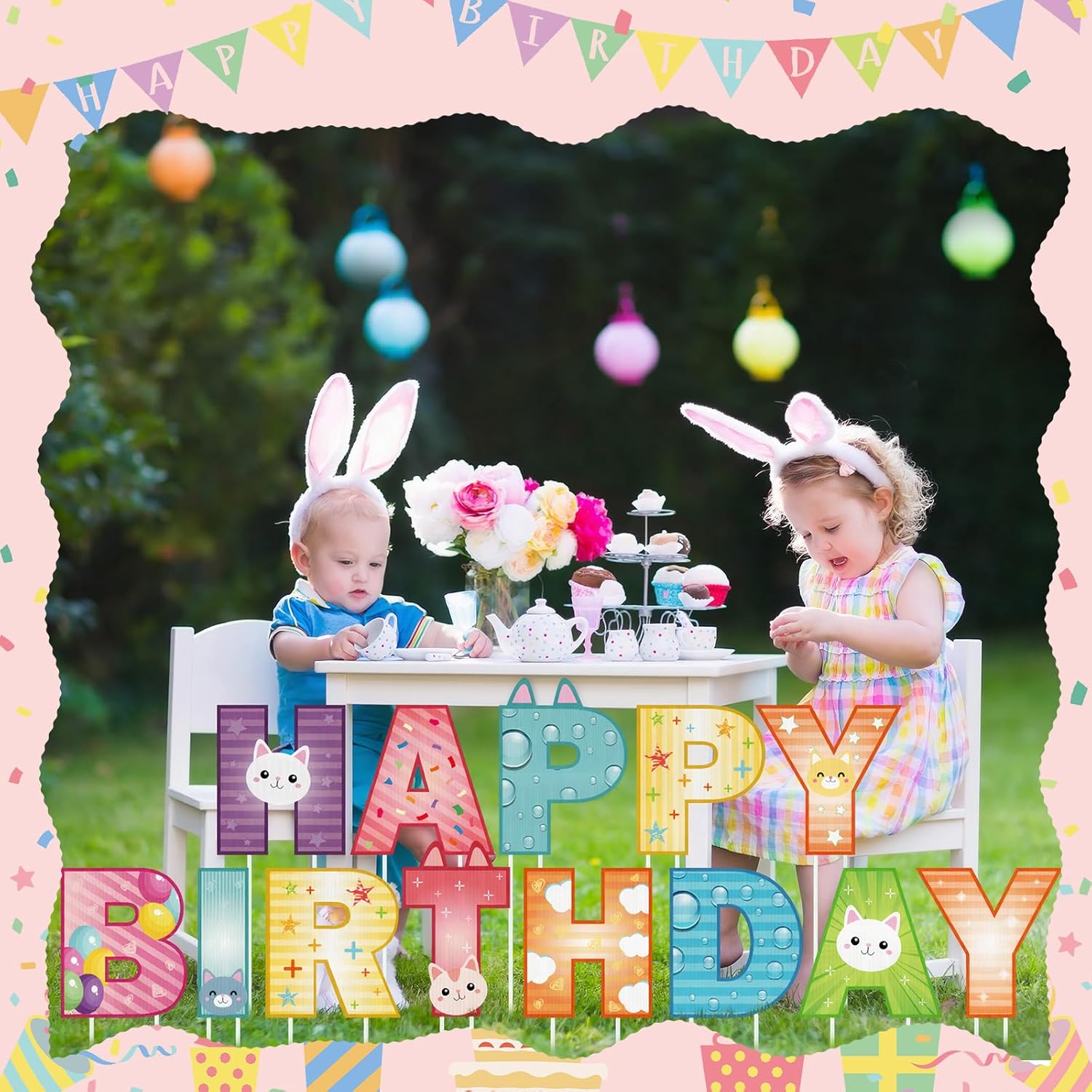 Threehoney 13 Pcs Cat Doll Happy Birthday Letter Yard Signs with Stakes, 16" Outdoors Cat Doll Happy Birthday Theme Party Supplies Decorations for Outdoor Yard Lawn