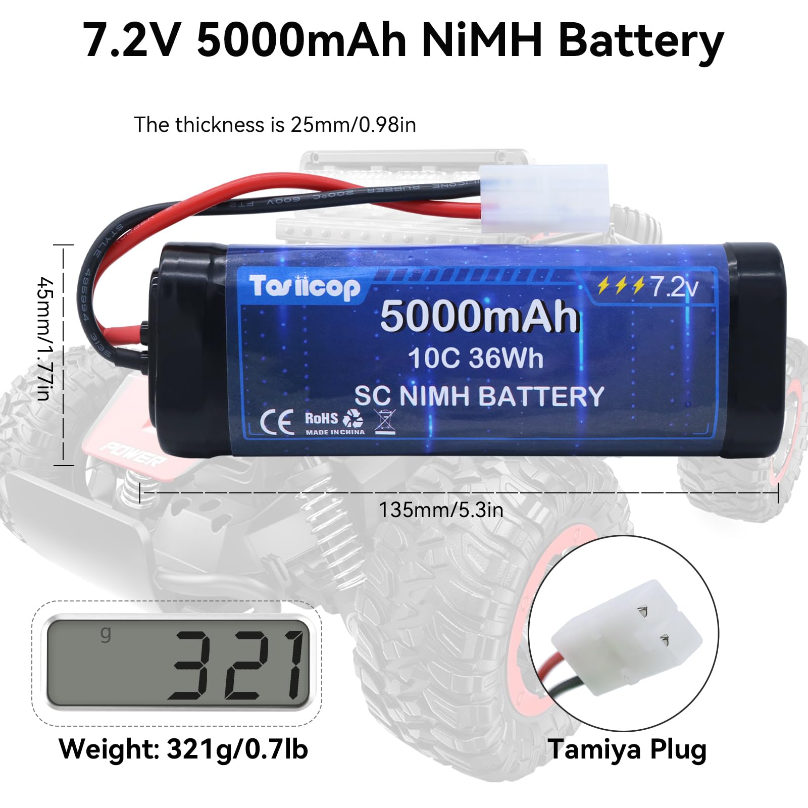 Batteria per auto radiocomandata da 7,2 V 5000 mAh, batterie ricaricabili NiMH da 7,2 Volt con connettore Tamiya, per telecomando auto, Monster Truck, Buggy, Truggy, Barca, Serbatoio e