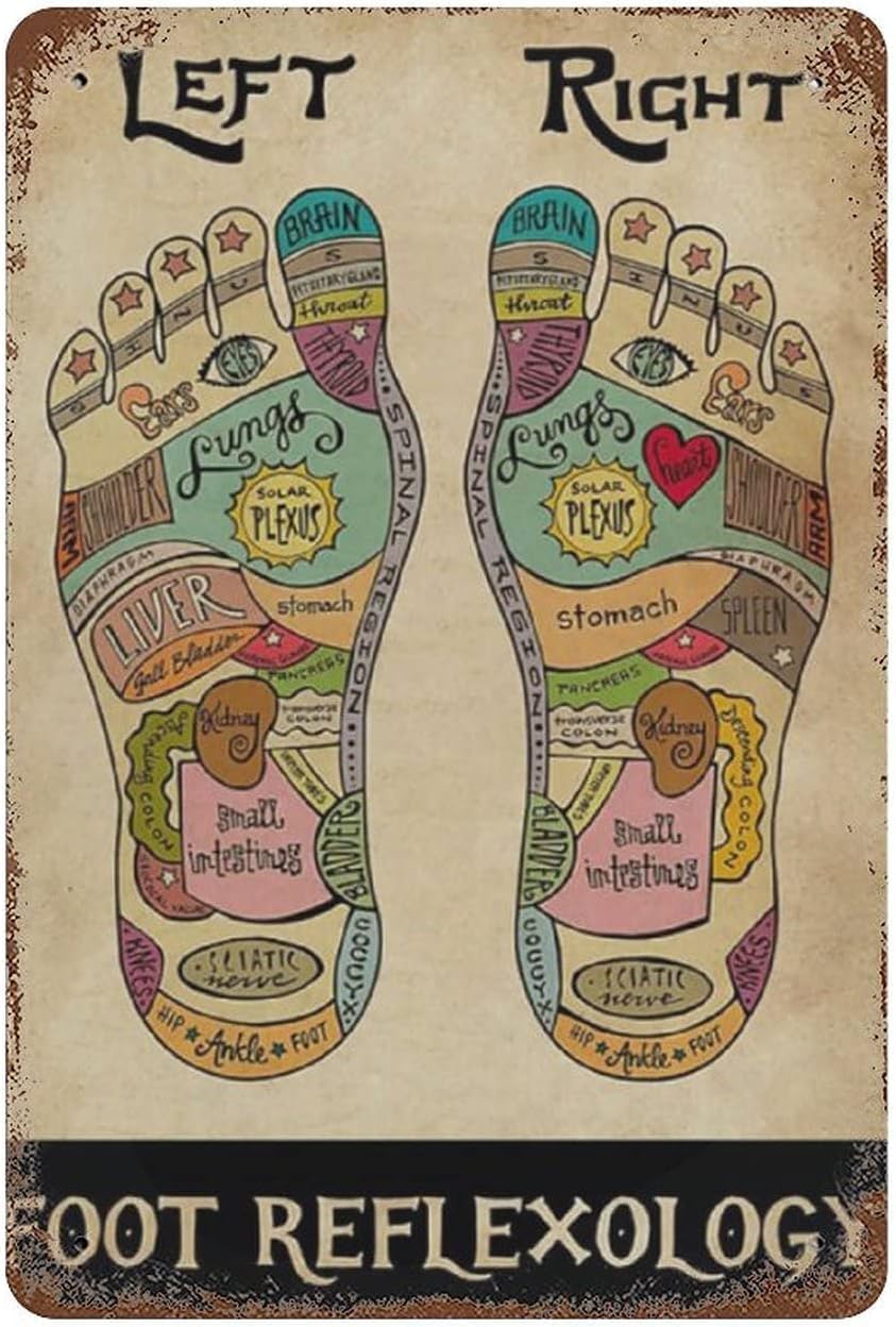 Metal Decorations for Yard Retro Foot Reflexology Metal Poster Massage Therapist Acupressure and Reflexology Chart Metal Signs Vintage Decor for Home Club Bar Metal Decor Funny Signs 6x8 inch