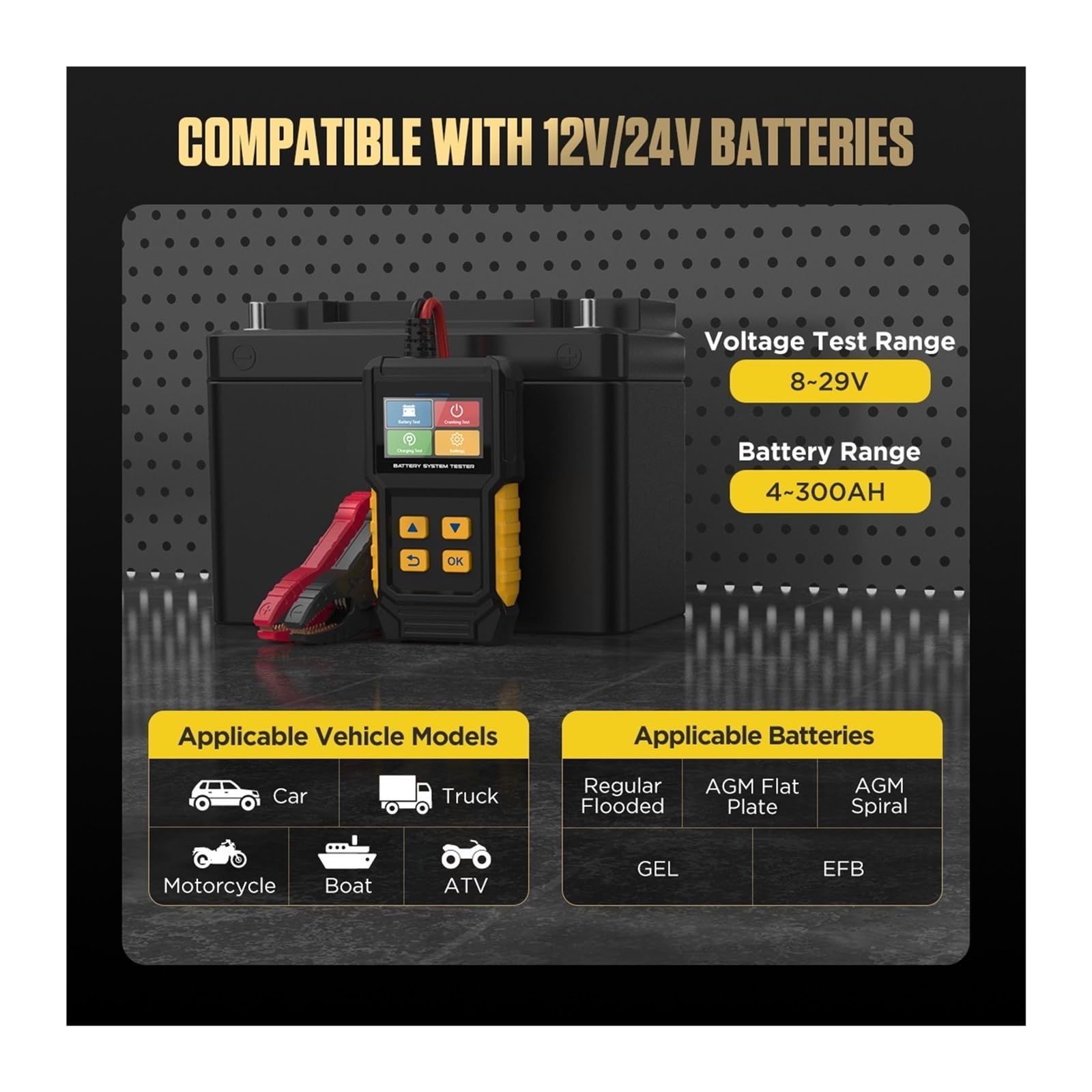 Tester per batterie, Tester for batteria auto BT360 8-29V, analizzatore digitale for test di batteria for auto, strumento di avviamento e carica 30-2000CCA
