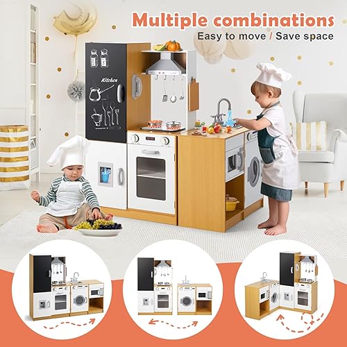 Miniatura 2 de JOYLDIAS Juego de cocina para niños, juego de cocina de madera con sonido y luz reales, máquina de hielo, horno, lavadora, pizarra, combinación