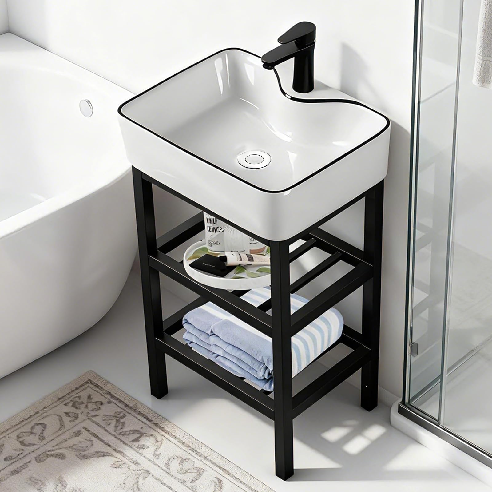 NODIBRO 流し台 陶器製 ガーデンシンク ホットおよびコールド蛇口付き 洗面台 手洗い器セット 小型 自立型 洗面ボール ステンレス製スタンド 置き場付き 排水付き 簡単取付 ガーデ キッチ バルコニー 庭 ガレージ 屋外屋内用 業務用 家庭用 黒線 80*48*37cm