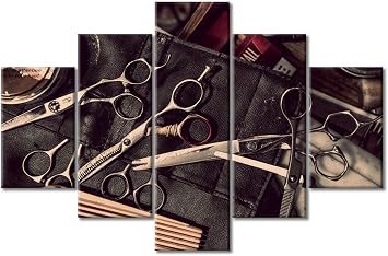 TUMOVO Barber Tools Wall Art for Bedroom Haircut Tools Canvas Art Wall Decor Hair Salon Modern Wall Art Pictures for Living Room 5 Pieces Artwork Paintings Giclee Framed Ready to Hang, 60" Wx40 H