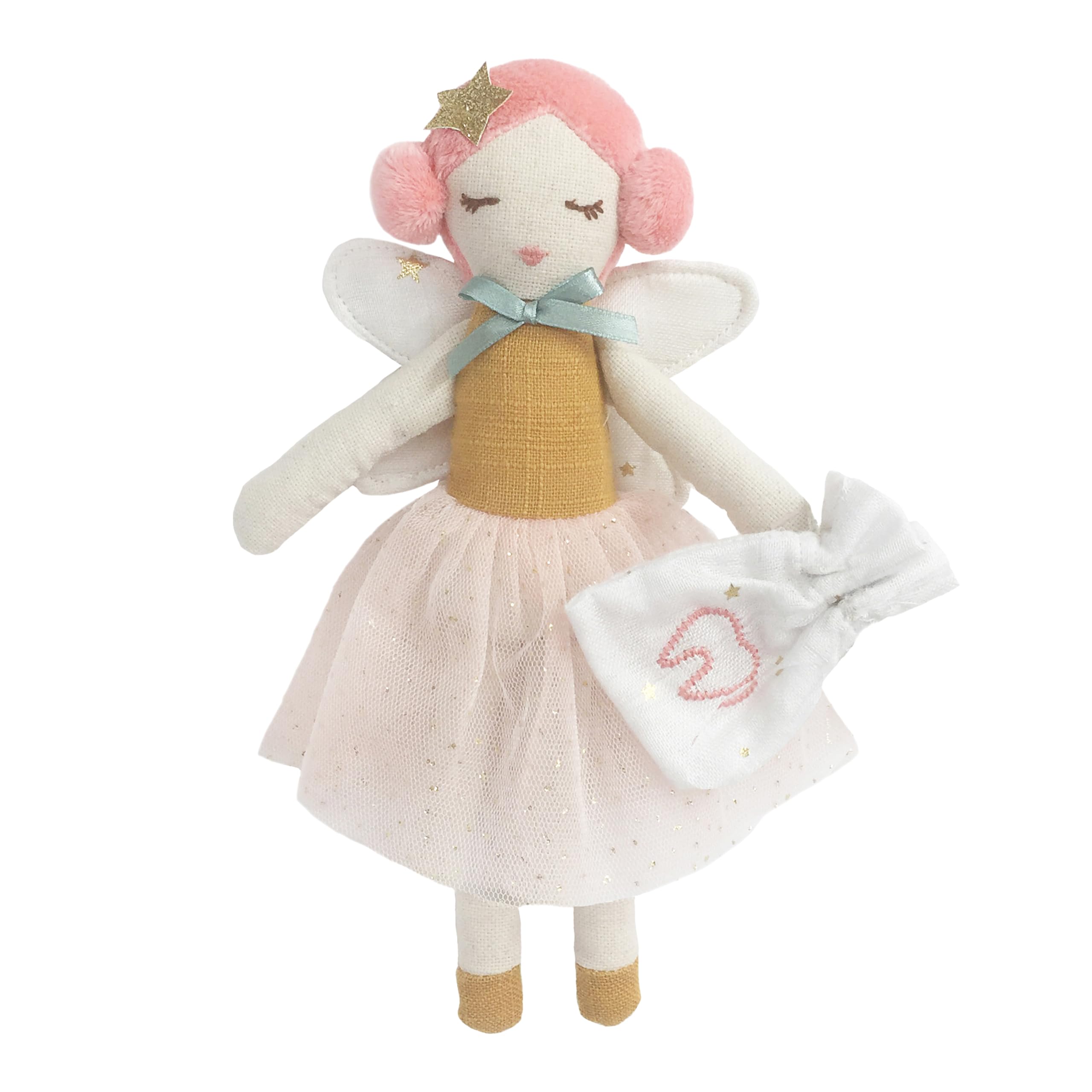 MON AMI Tooth Fairy Stuffed Doll 10"/25.5cm | Soft Plushie with Gold String Tooth Pouch | Whimsical Gift & Keepsake for All Ages